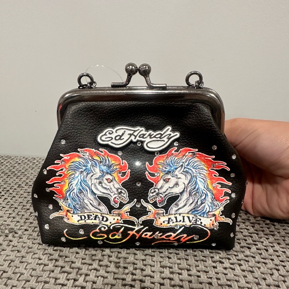 Ed Hardy Black Leather Kiss-Lock Coin Purse with Flaming Unicorns Artwork